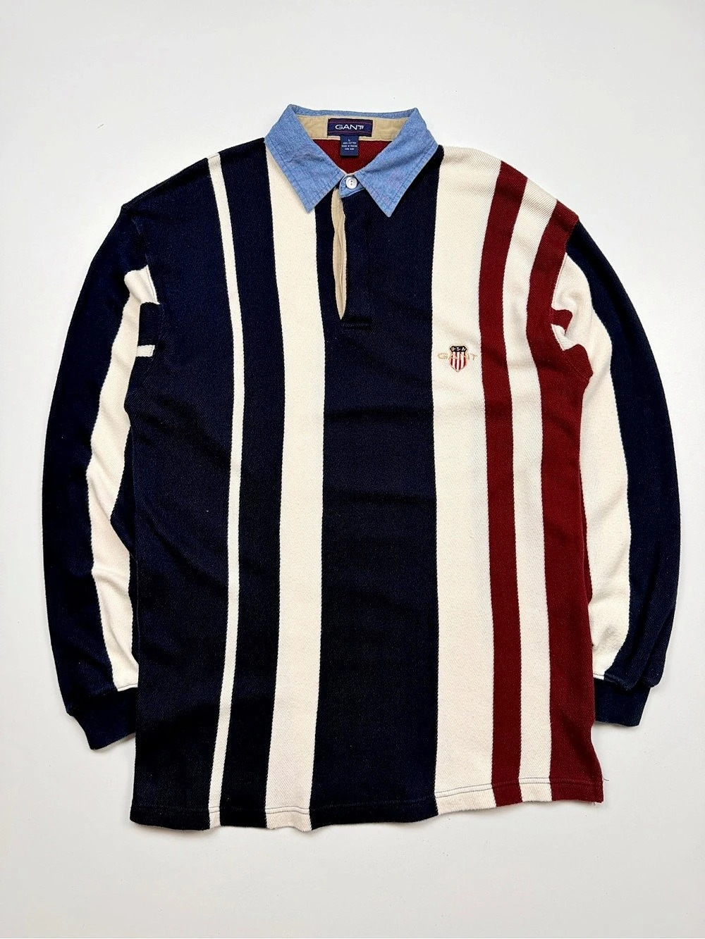 Vintage Gant USA Chambray Collared Stripe Rugby Shirt Mens Large Preppy Classic